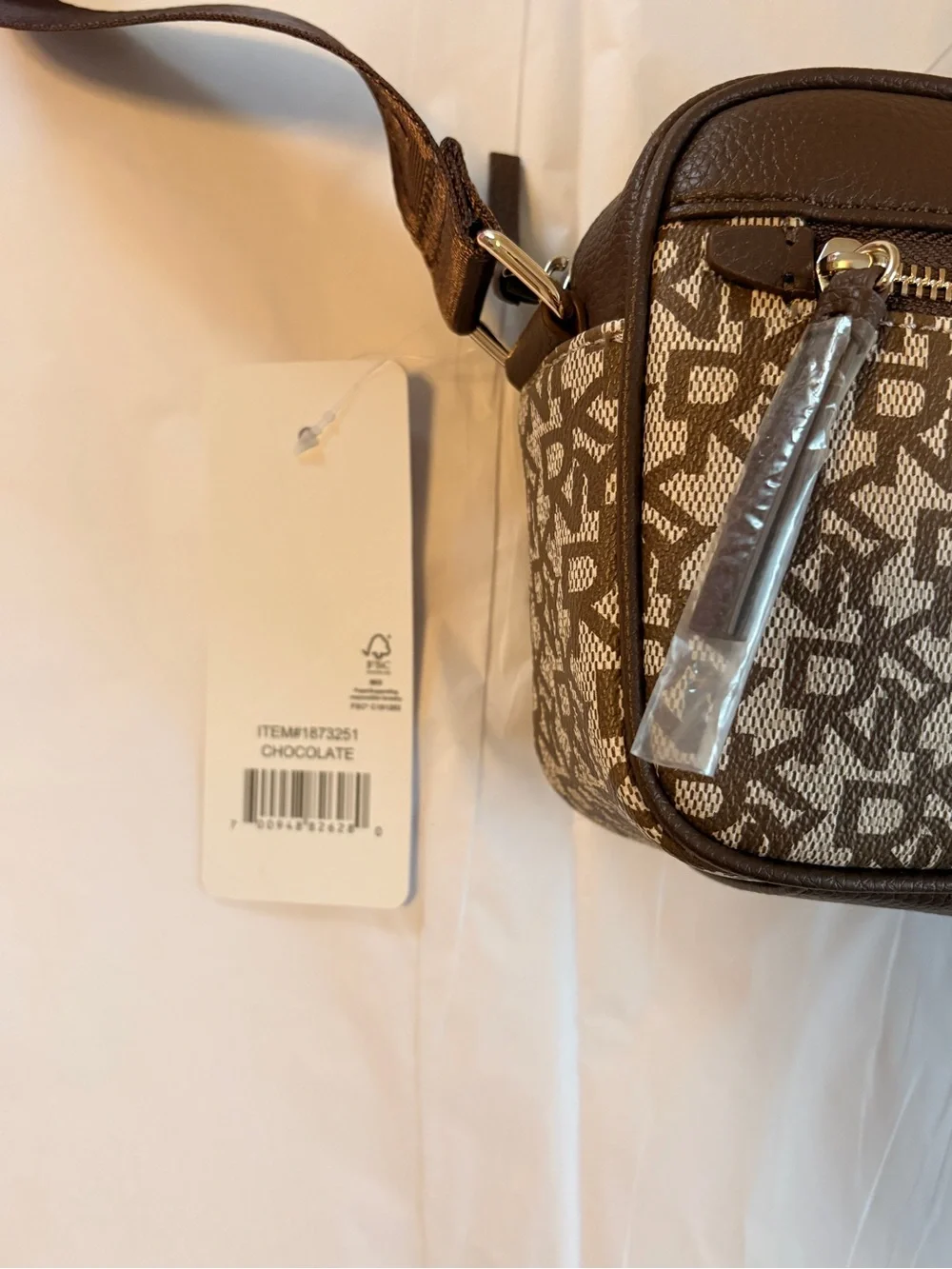NWT DKNY Logo Crossbody Camera Bag Monogram Brown Chino/Chocolate